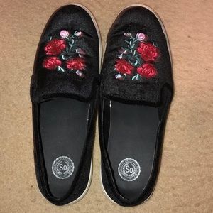 Floral Crushed Velvet Slip On Shoes